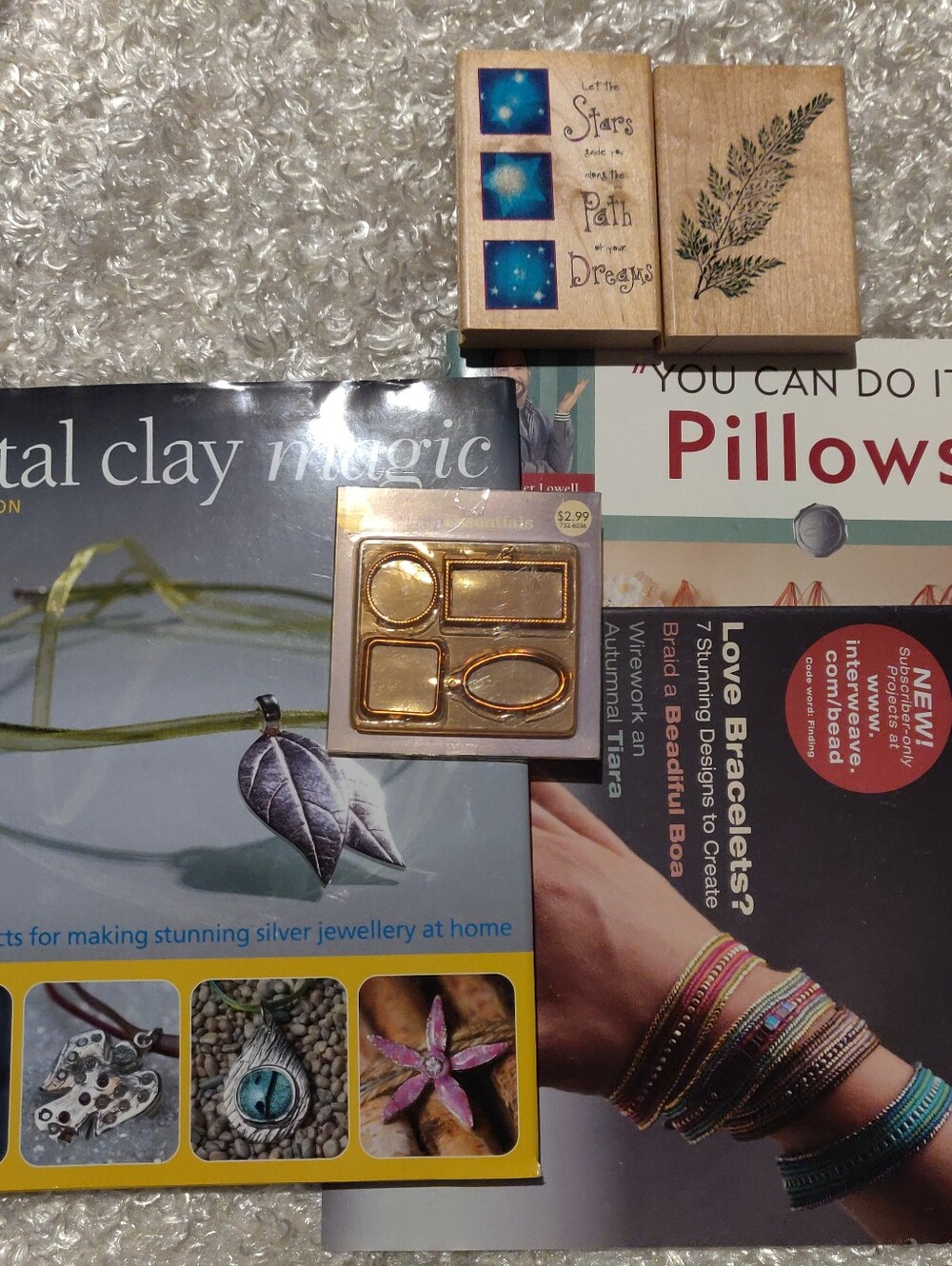 Craft Lot W Metal Clay Book Beading Guide Stamps Pillow Making Scrapbook Items